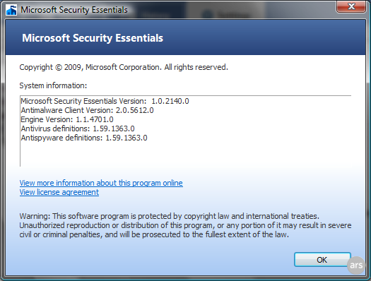 alt="Microsoft Security Essentials Screenshot - About Window"