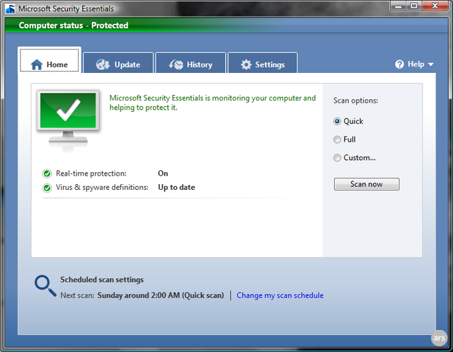 alt="Microsoft Security Essentials Screenshot - Main Window"
