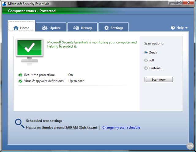 alt="Microsoft Security Essentials Screenshot - Main Window"