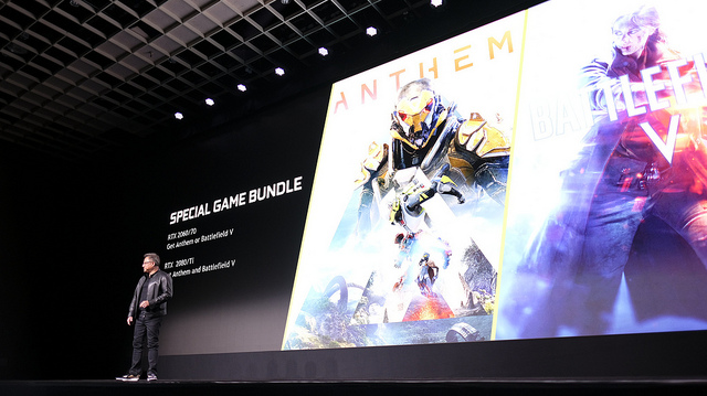 alt="NVIDIA CEO Jensen Huang announces special game bundle at CES 2019"
