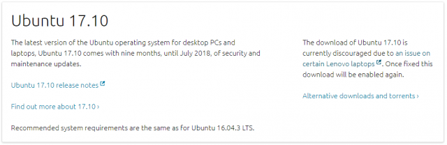 alt="การดาวน์โหลด Ubuntu 17.10 บนหน้าเว็บถูกปิดลงชั่วคราว"