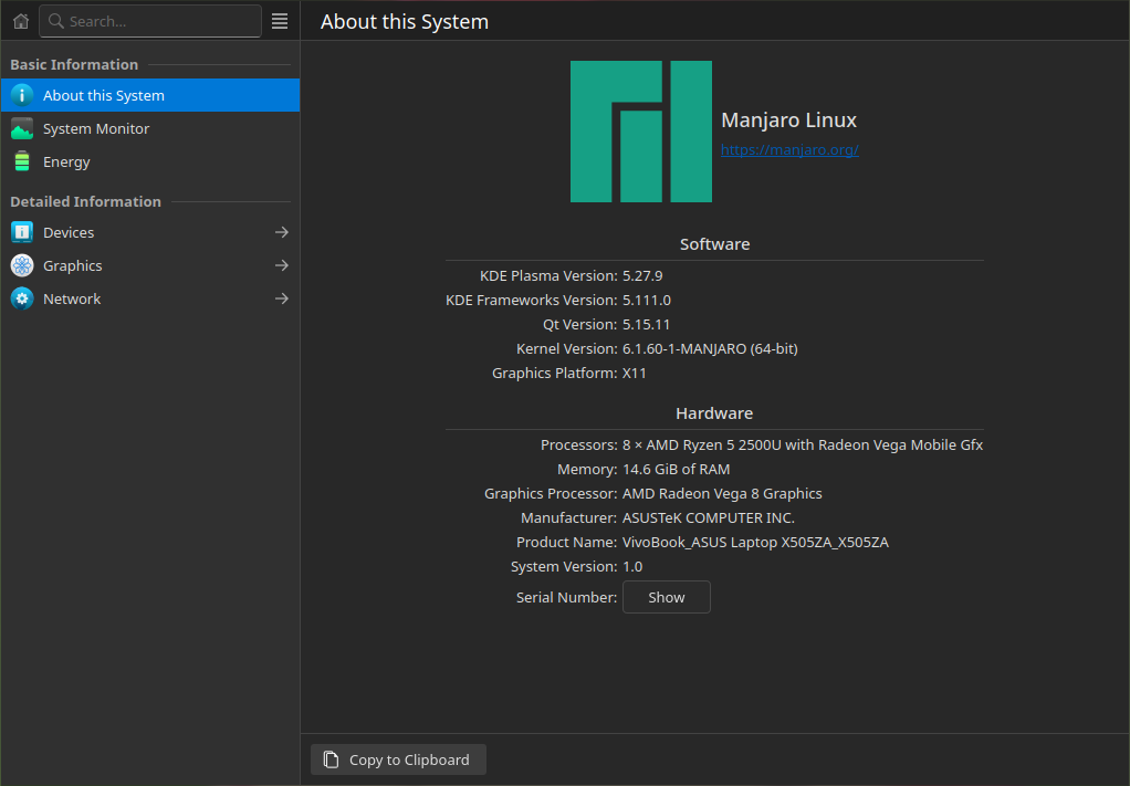 alt="KDE Info Centre, suggesting AMD Ryzen 5 2500U based machine with 16 GB of RAM"