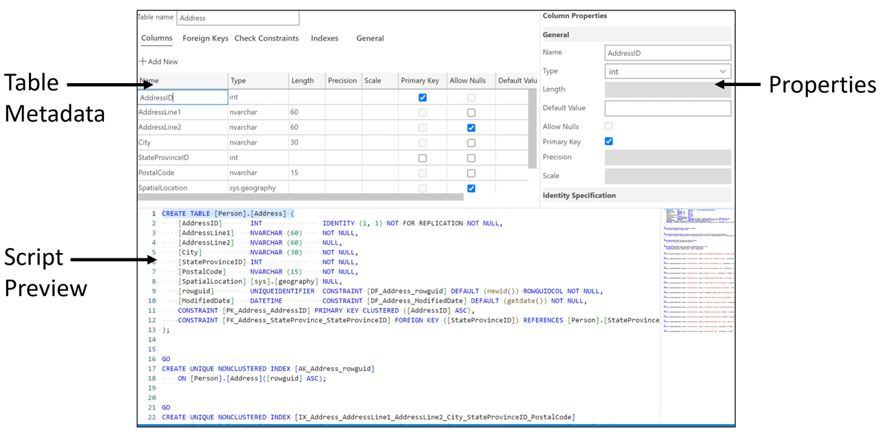 alt="ภาพอธิบายการใช้งาน Table Designer ของ Azure Data Studio"