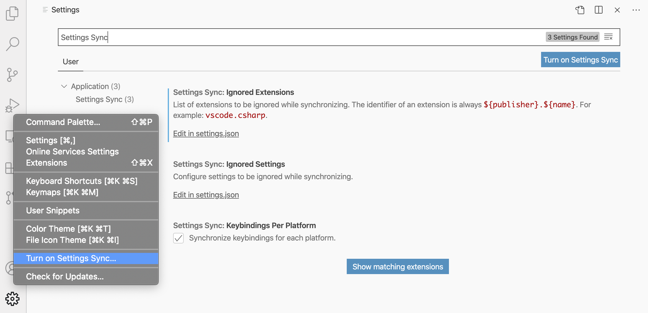 alt="ภาพการเข้าใช้งาน Settings Sync ผ่านเมนู Settings ฟันเฟือง"