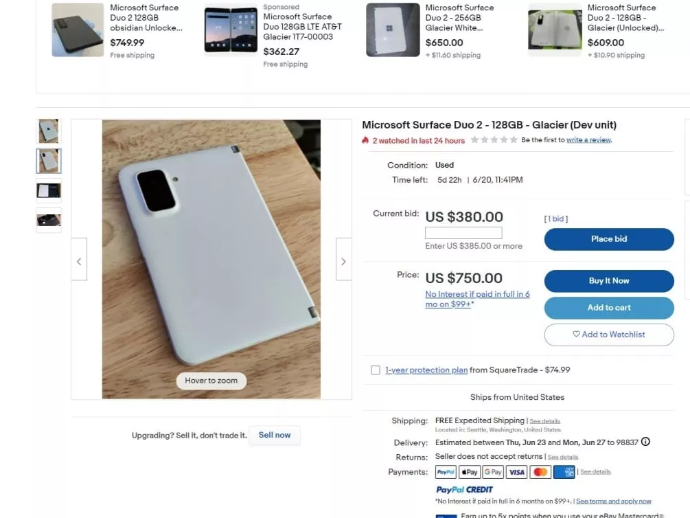 alt="Surface Duo 2 &quot;Cronos&quot; eBay listing"